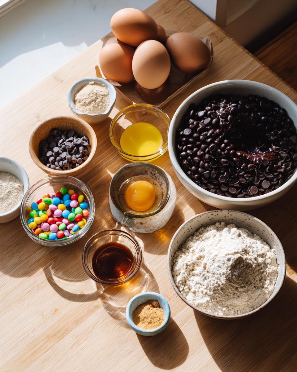 Mise en place of ingredients including eggs, flour, chocolate chips, and colorful candies for making healthy cosmic brownies.