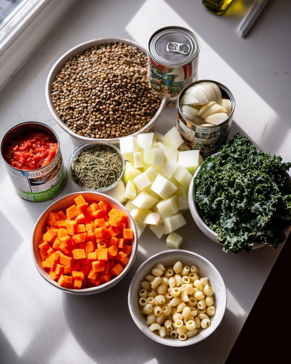 Various raw ingredients laid out for making hearty vegetable soup, including lentils, carrots, kale, and pasta.
