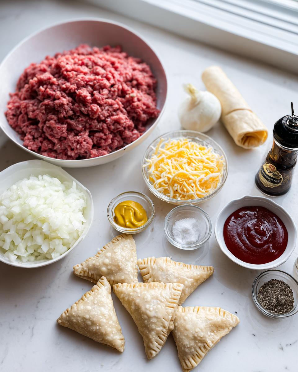 Ingredients laid out for high protein cheeseburger pockets, including ground beef, cheese, onions, and pastry dough.