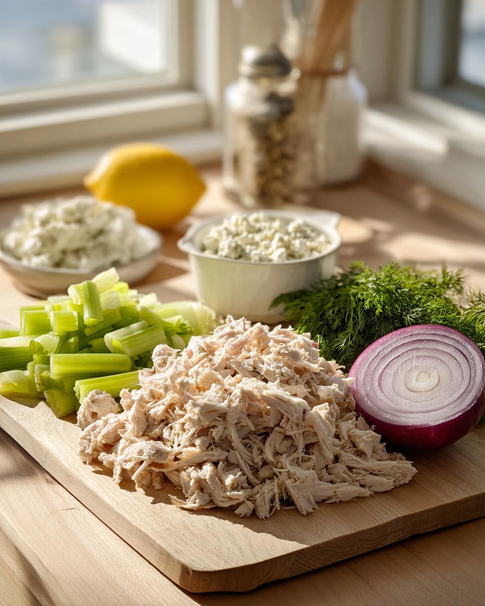 Ingredients laid out for high protein cottage cheese chicken salad: shredded chicken, celery, red onion, blue cheese, and dill.
