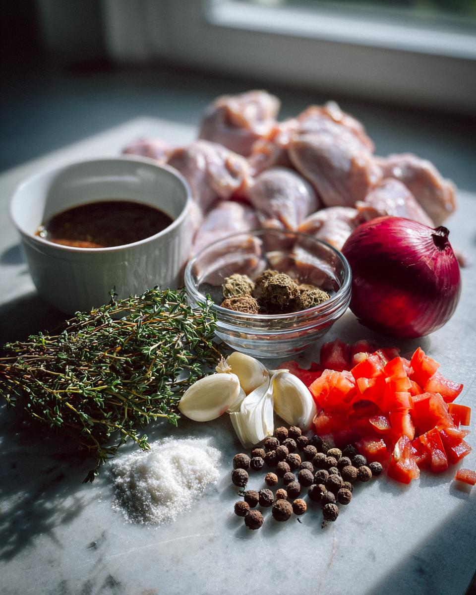 Raw chicken pieces and fresh ingredients like thyme, garlic, onion, and spices for authentic Jamaican brown stew chicken.