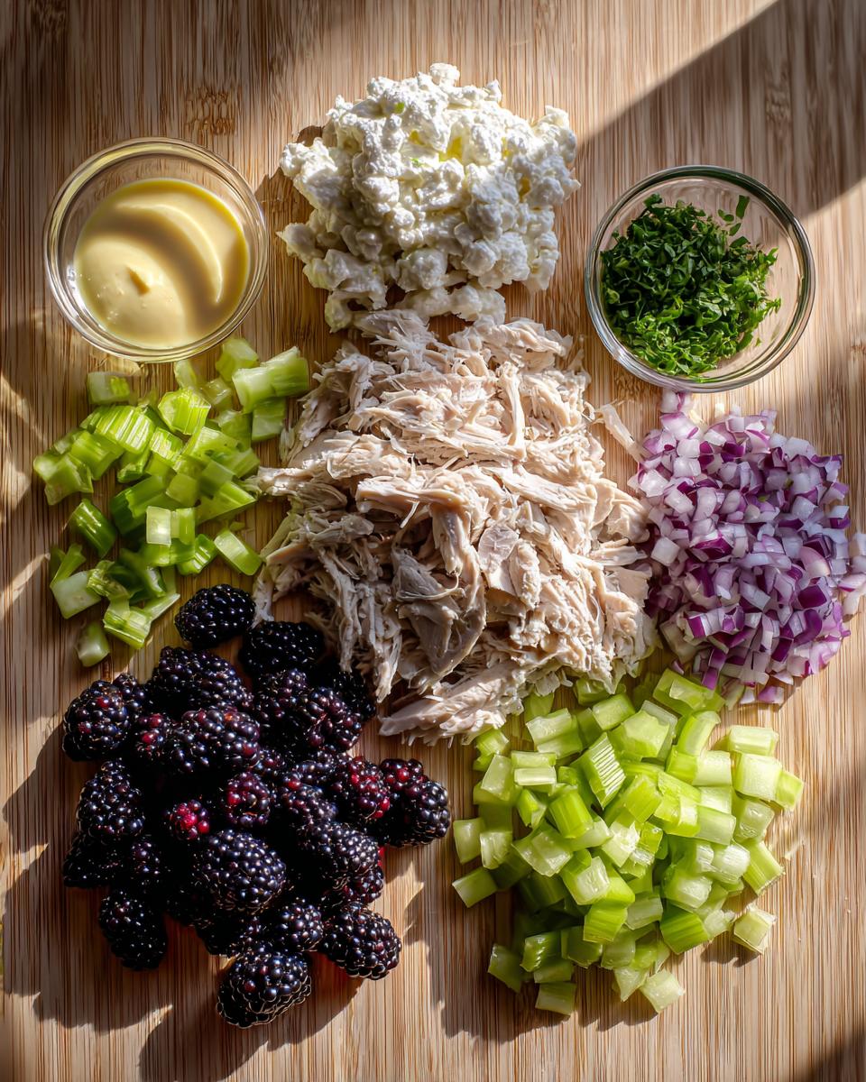 Overhead view of ingredients for low carb blackberry cottage cheese chicken salad: shredded chicken, blackberries, cottage cheese, celery, and onion.