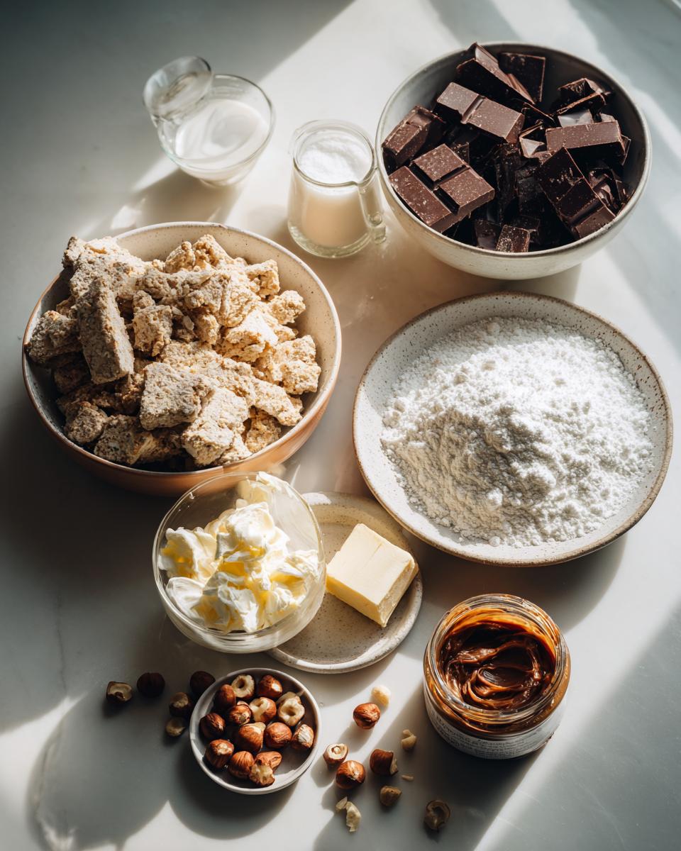 Various ingredients laid out for a recipe, including dark chocolate chunks, flour, butter, cream cheese, and hazelnuts for dubai chocolate cheesecake.