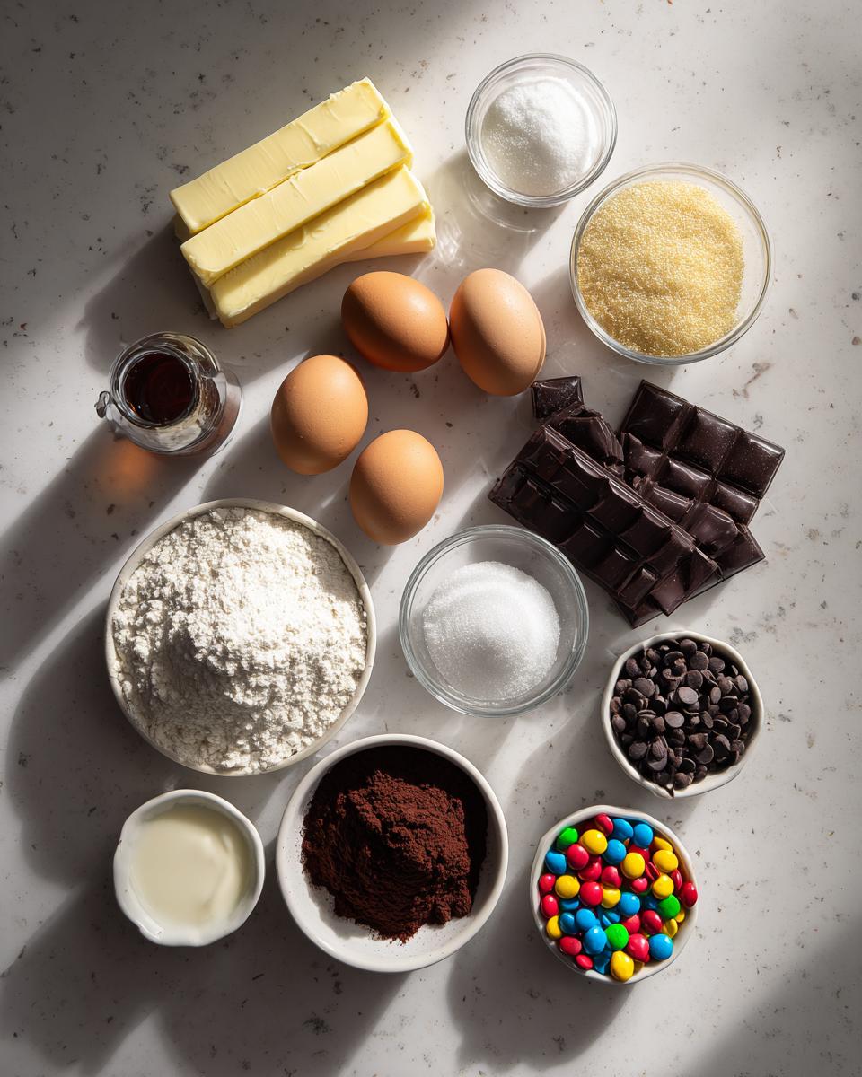 Overhead view of ingredients for protein cosmic brownies, including butter, eggs, flour, cocoa powder, and chocolate.