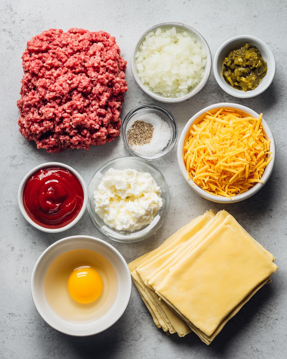 Overhead view of ingredients including ground beef, shredded cheese, egg, and puff pastry sheets for puff pastry cheeseburger pockets.