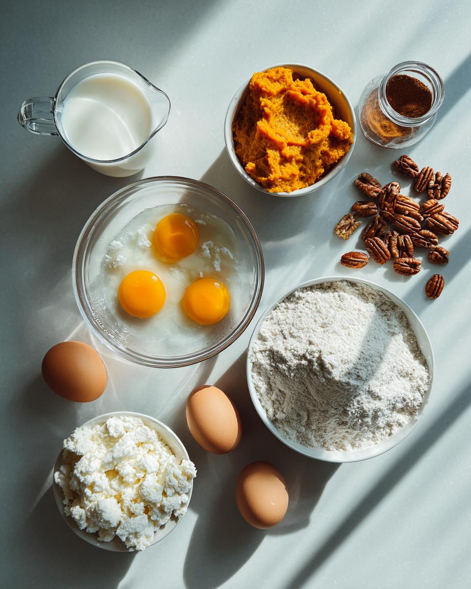 Overhead view of ingredients for pumpkin cottage cheese waffles: flour, eggs, pumpkin puree, cottage cheese, milk, pecans, and spices.