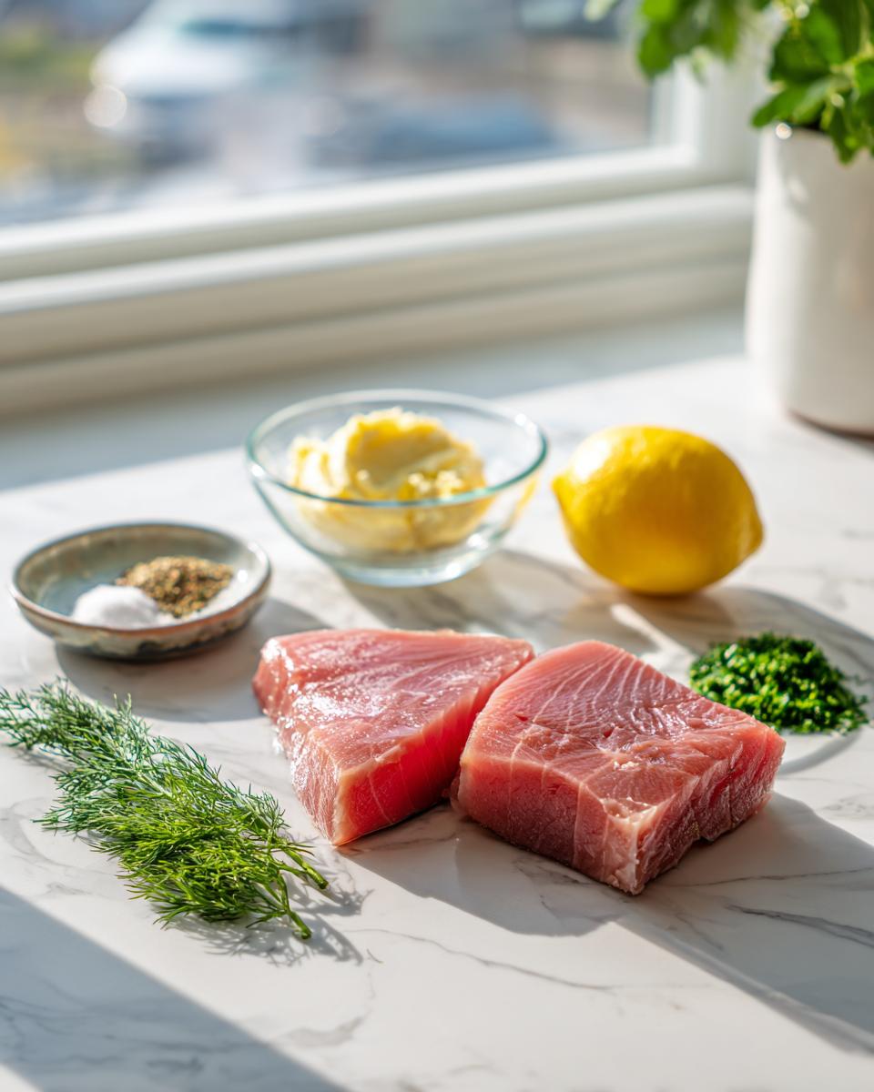 Two raw, thick-cut tuna steaks ready for seasoning alongside lemon, butter, and fresh herbs for air fryer tuna steak.