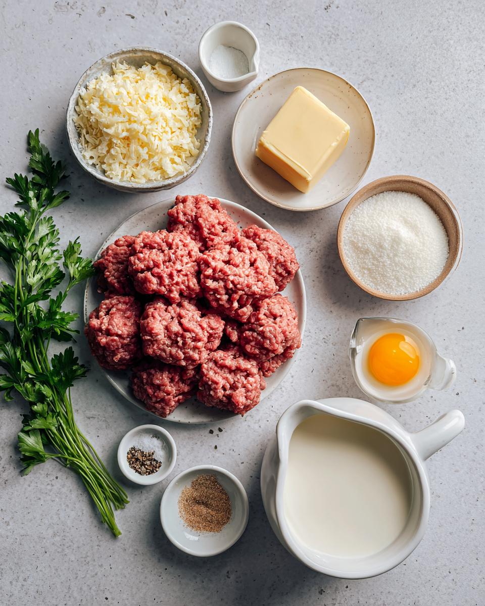 Overhead view of raw ingredients for Swedish meatballs, including ground meat, breadcrumbs, butter, cream, and spices.