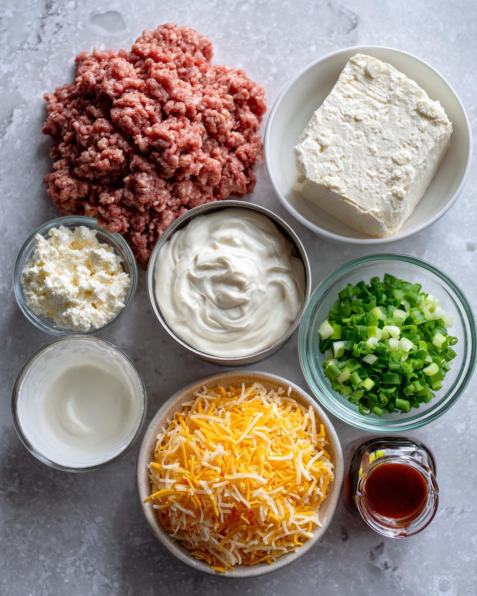 Overhead view of ingredients for sausage cream cheese dip, including ground meat, cream cheese, shredded cheese, and green onions.