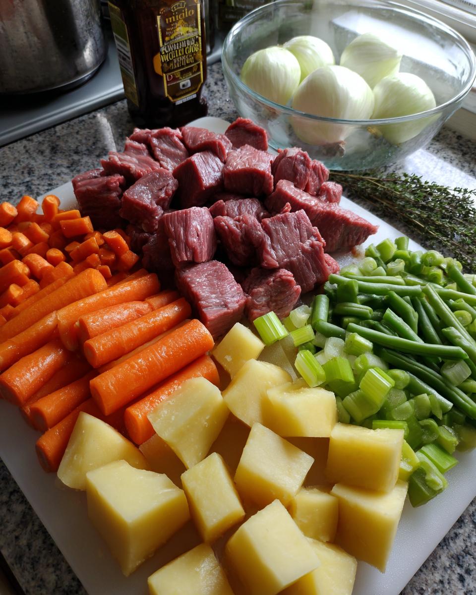 Raw ingredients including cubed stew meat, chopped carrots, potatoes, celery, and green beans for vegetable soup with stew meat.
