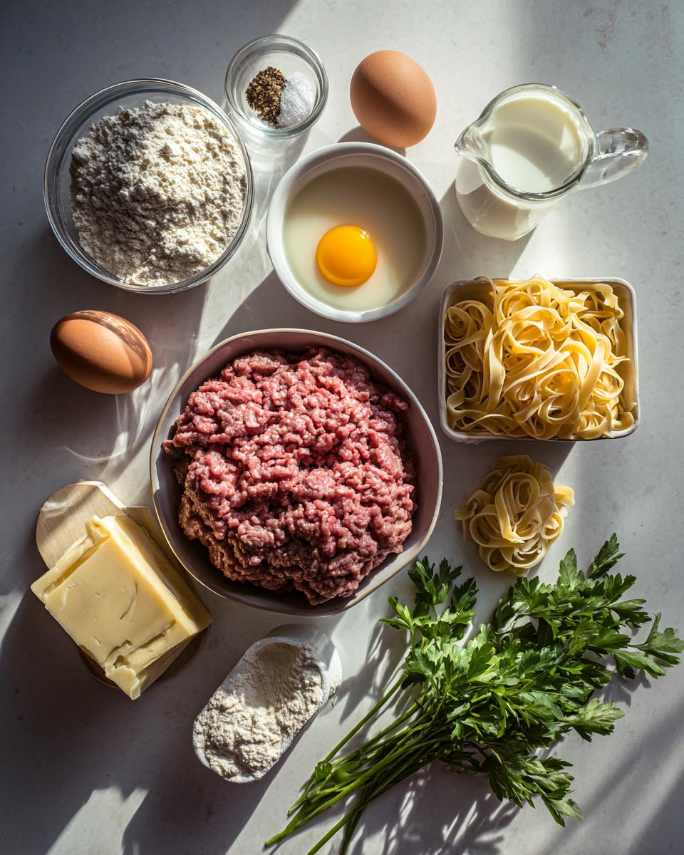 Overhead view of raw ingredients including ground meat, flour, eggs, milk, cheese, and pasta for making swedish meatball soup.