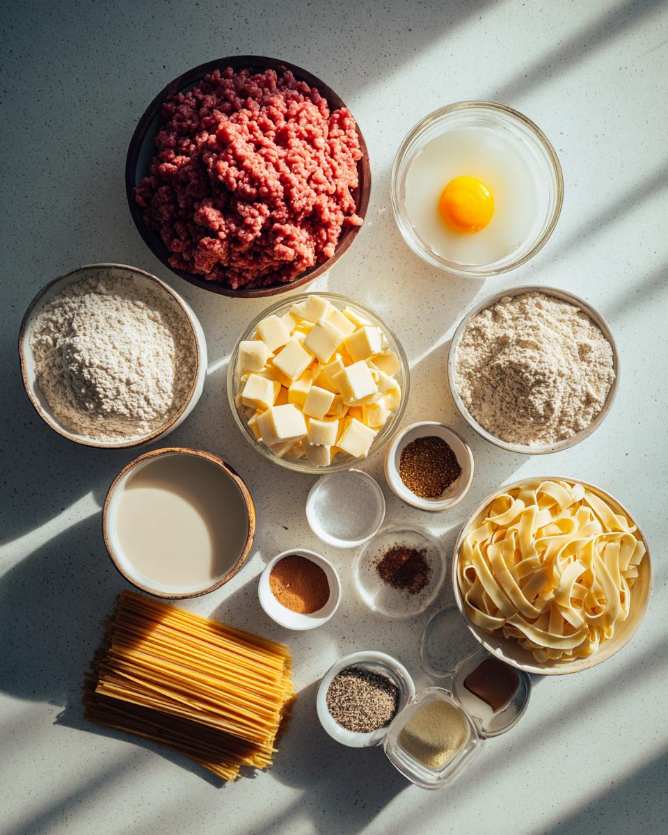 Overhead view of ingredients including ground meat, butter, flour, milk, spices, and egg noodles for making swedish meatballs over egg noodles.