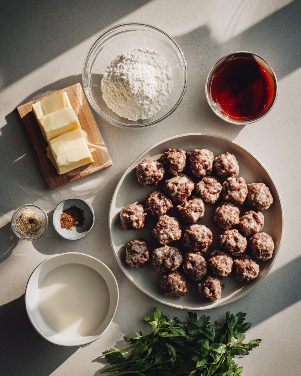 Overhead view of ingredients including frozen swedish meatballs, butter, flour, milk, and spices.