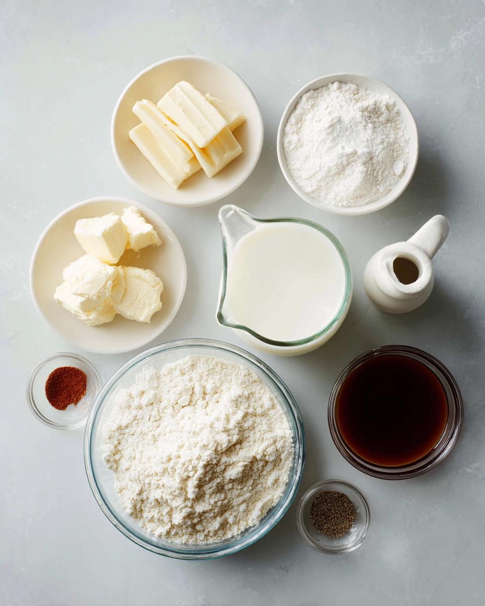 Overhead view of ingredients laid out for swedish meatballs sauce, including flour, butter, milk, and beef broth.