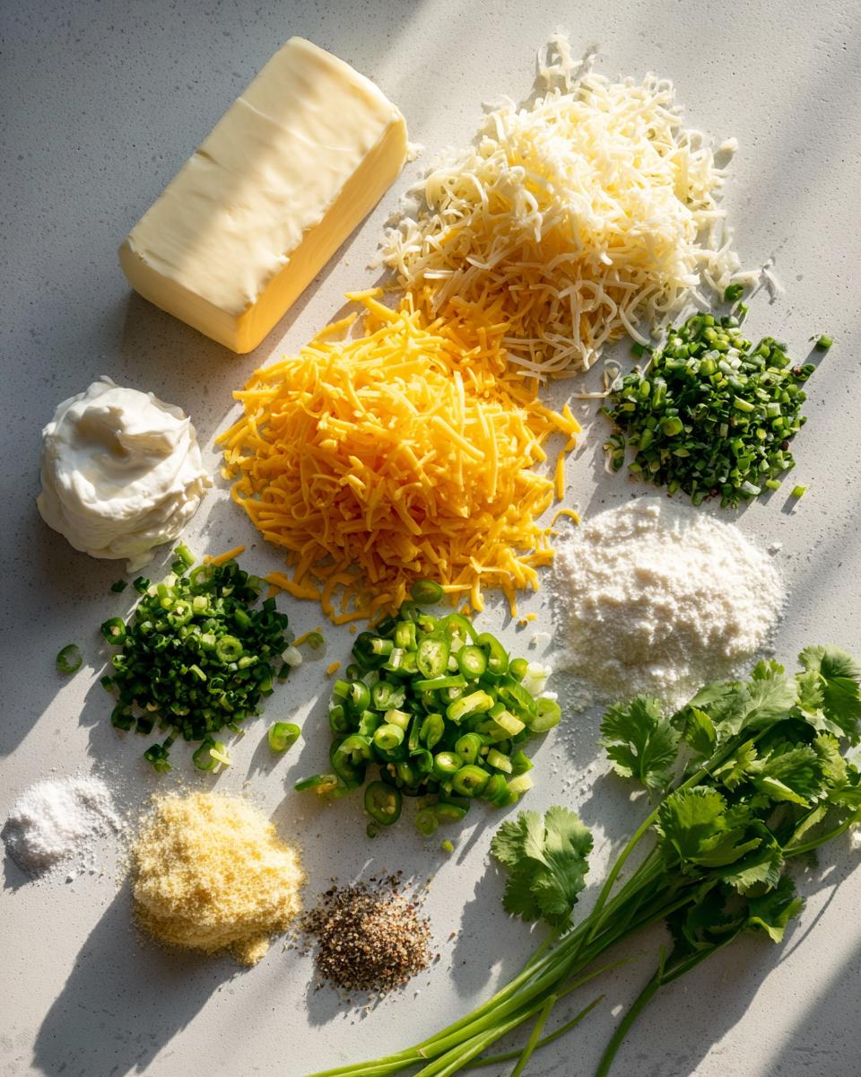 Overhead view of ingredients laid out for jalapeno cream cheese dip, including cheeses, cream cheese, jalapenos, and cilantro.