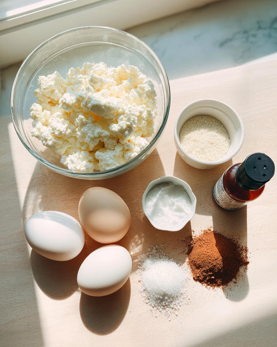 Ingredients laid out for keto cottage cheese waffles, including cottage cheese, eggs, almond flour, sweetener, and spices.