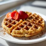 A golden keto cottage cheese waffle dusted with cinnamon and topped with sliced fresh strawberries on a white plate.