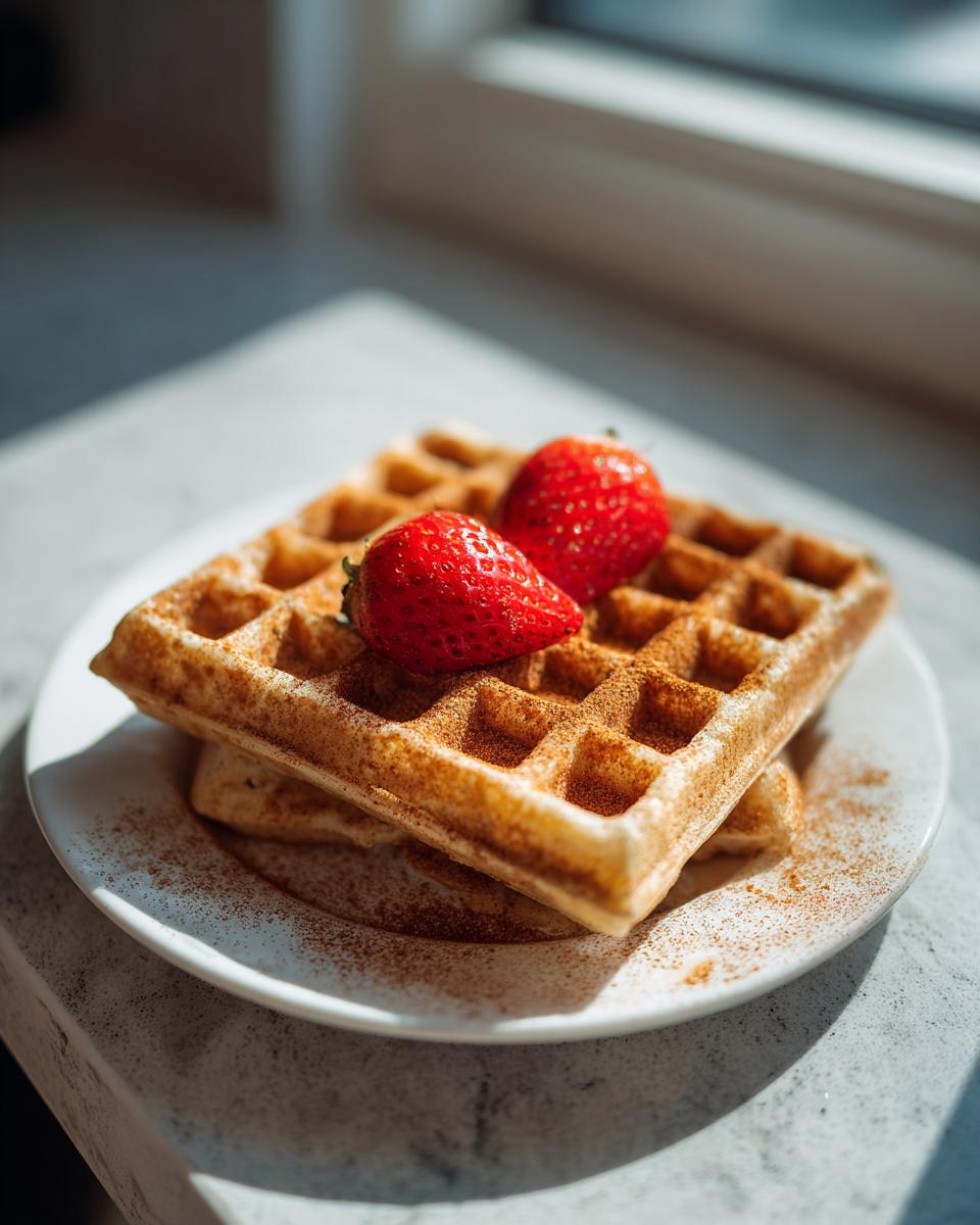 Two stacked keto cottage cheese waffles topped with fresh strawberries and cinnamon.