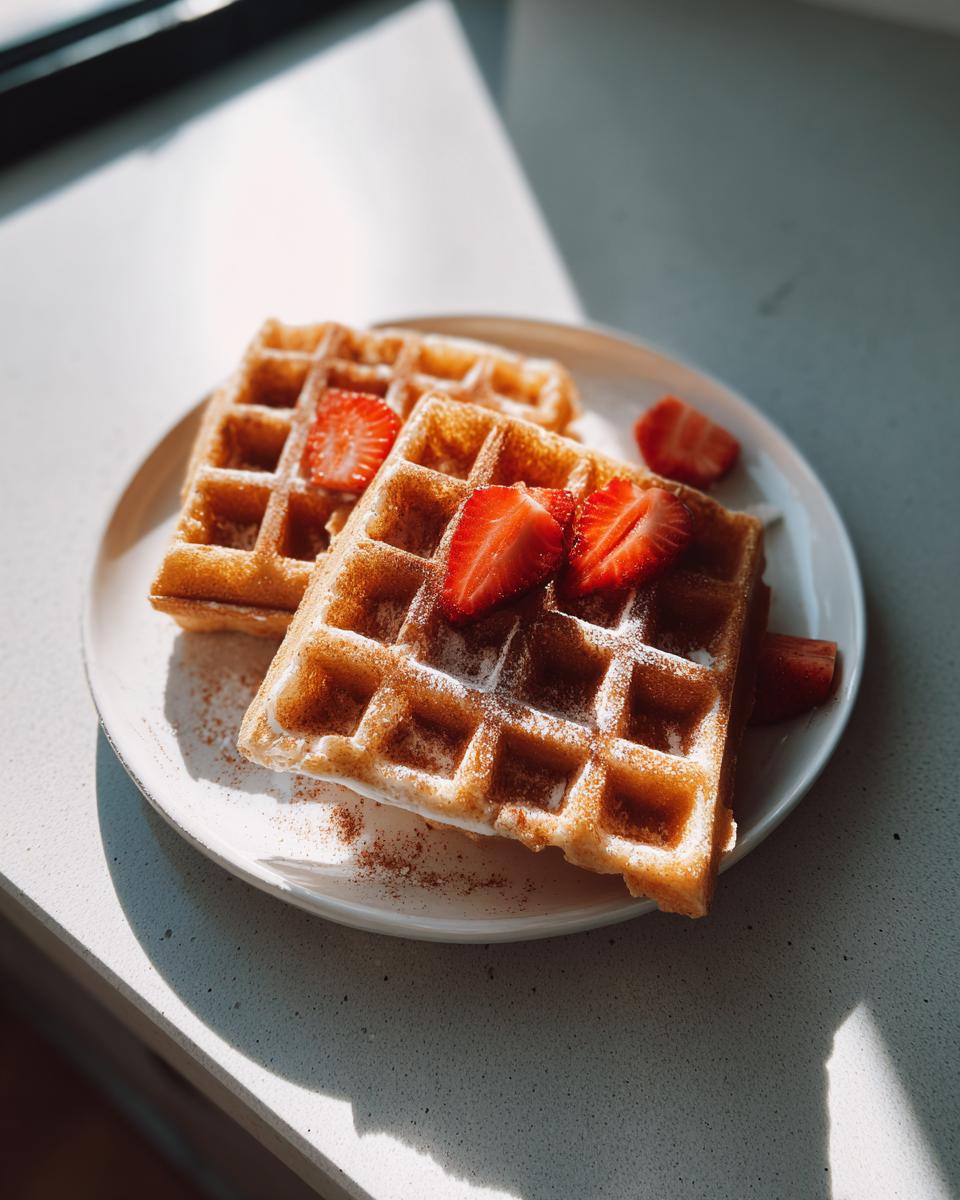 Two golden keto cottage cheese waffles topped with sliced strawberries and powdered sugar on a white plate.