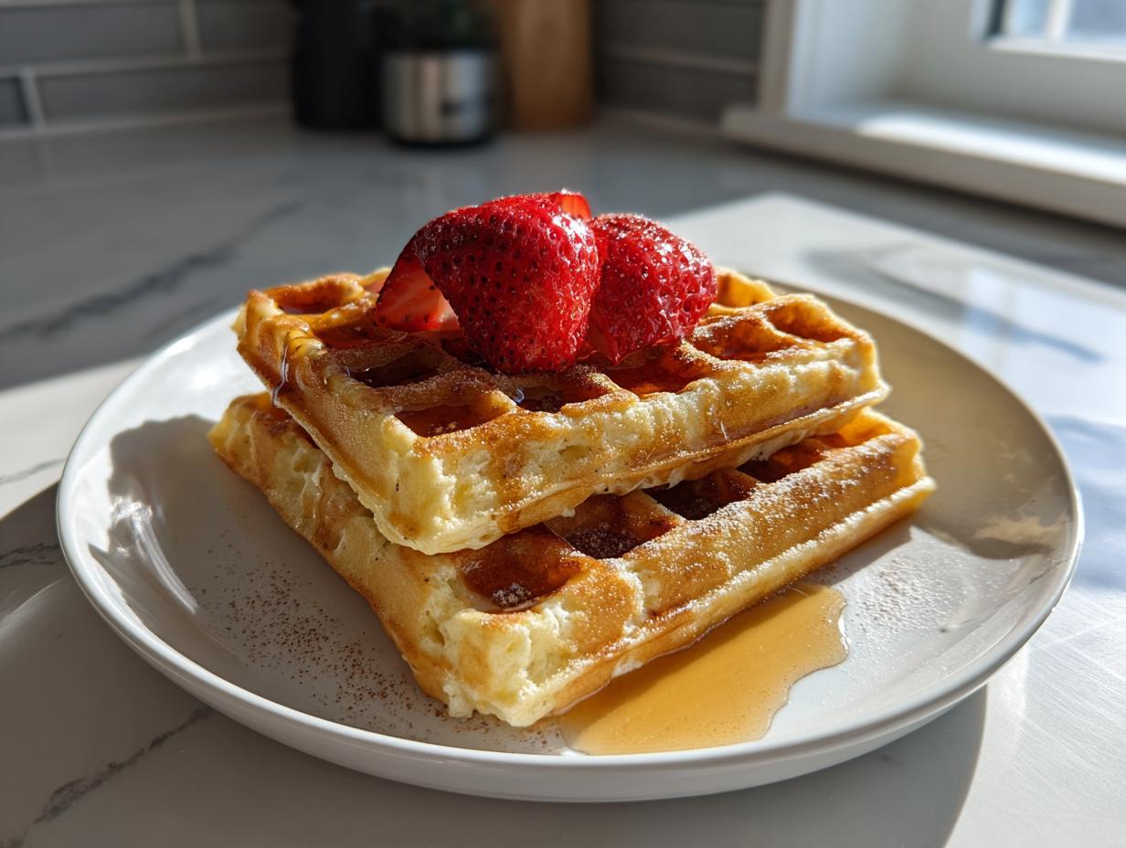 A stack of two golden keto cottage cheese waffles topped with fresh strawberries and drizzled with syrup.