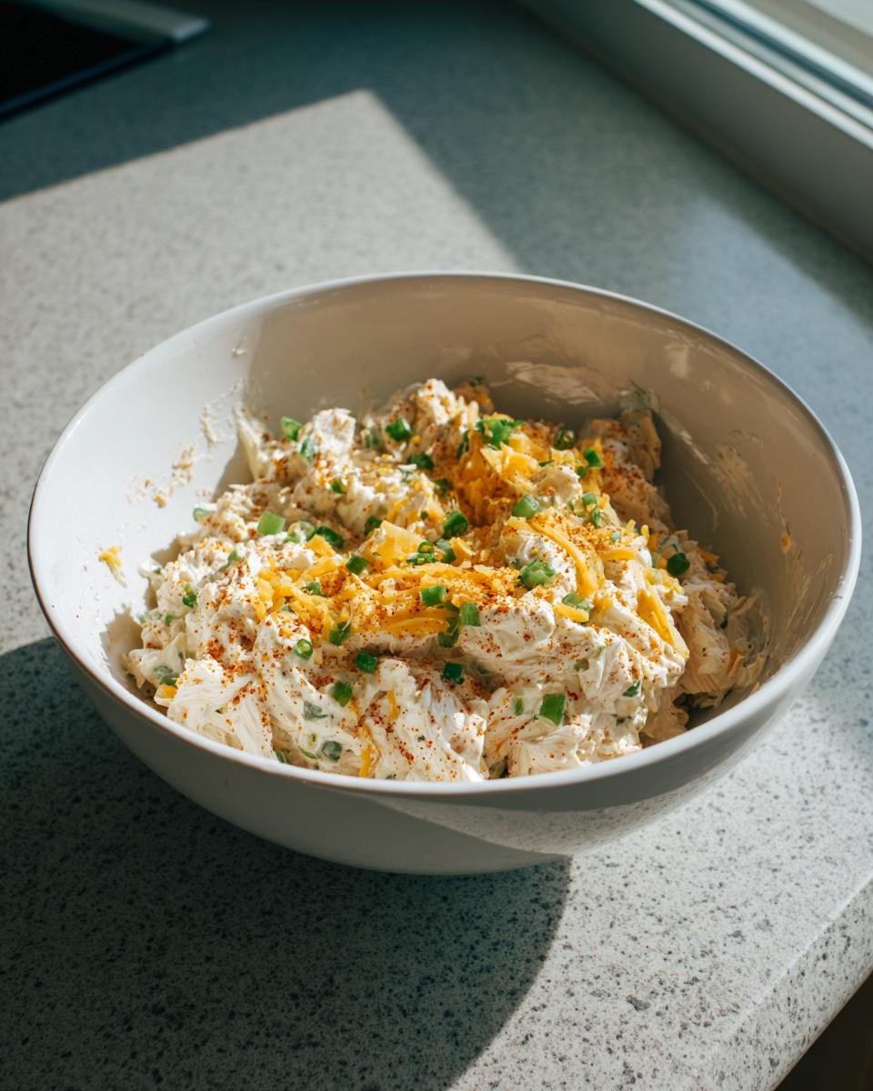A white bowl filled with creamy keto jalapeno popper cottage cheese chicken salad, topped with shredded cheese and chives.