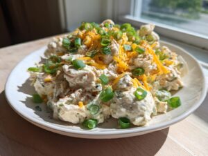 A creamy mound of keto jalapeno popper cottage cheese chicken salad topped with shredded cheddar and green onions.
