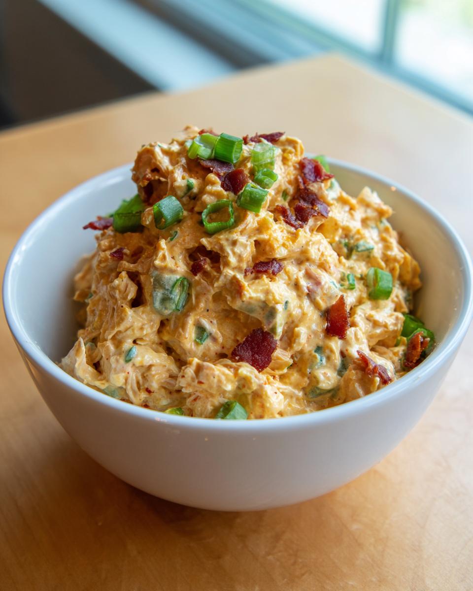 A white bowl filled with creamy keto jalapeno popper cottage cheese chicken salad, topped with bacon bits and green onions.