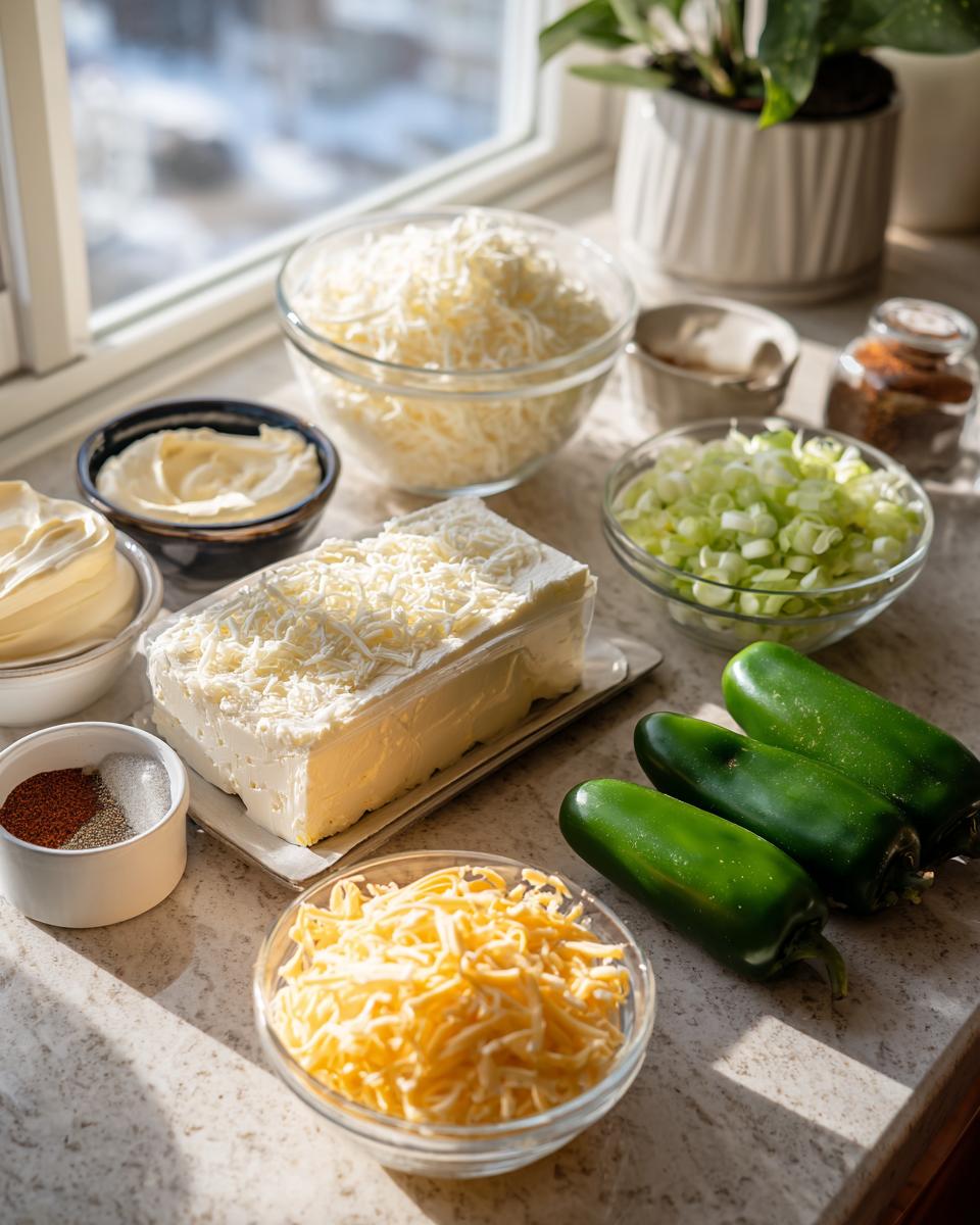 Ingredients laid out for keto jalapeno popper cottage cheese chicken salad, including cream cheese, shredded cheese, jalapenos, and green onions.