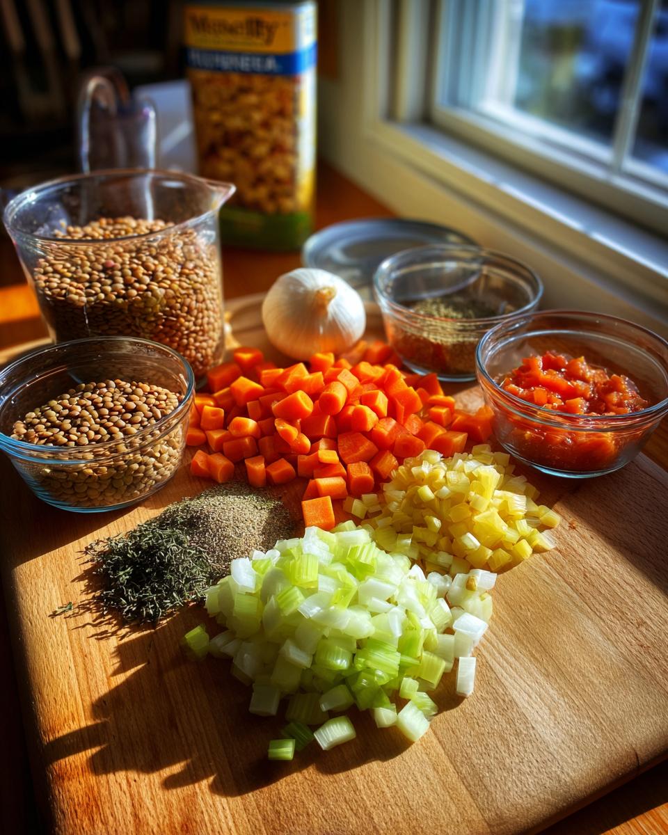 Mise en place ingredients including dry lentils, diced carrots, celery, and spices for making lentil vegetable soup.