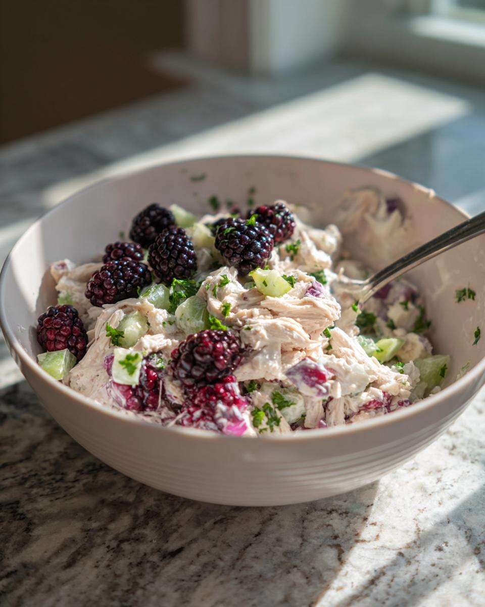 A bowl of low carb blackberry cottage cheese chicken salad topped with fresh blackberries and herbs.