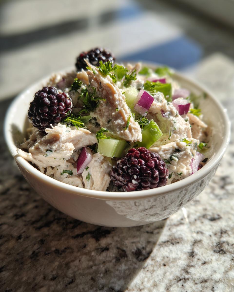 A bowl of low carb blackberry cottage cheese chicken salad topped with fresh blackberries, red onion, and herbs.
