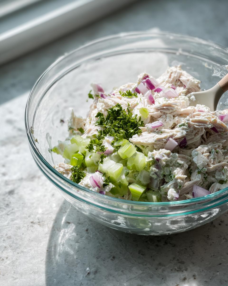 Shredded chicken salad with celery, red onion, and parsley being mixed in a clear glass bowl.