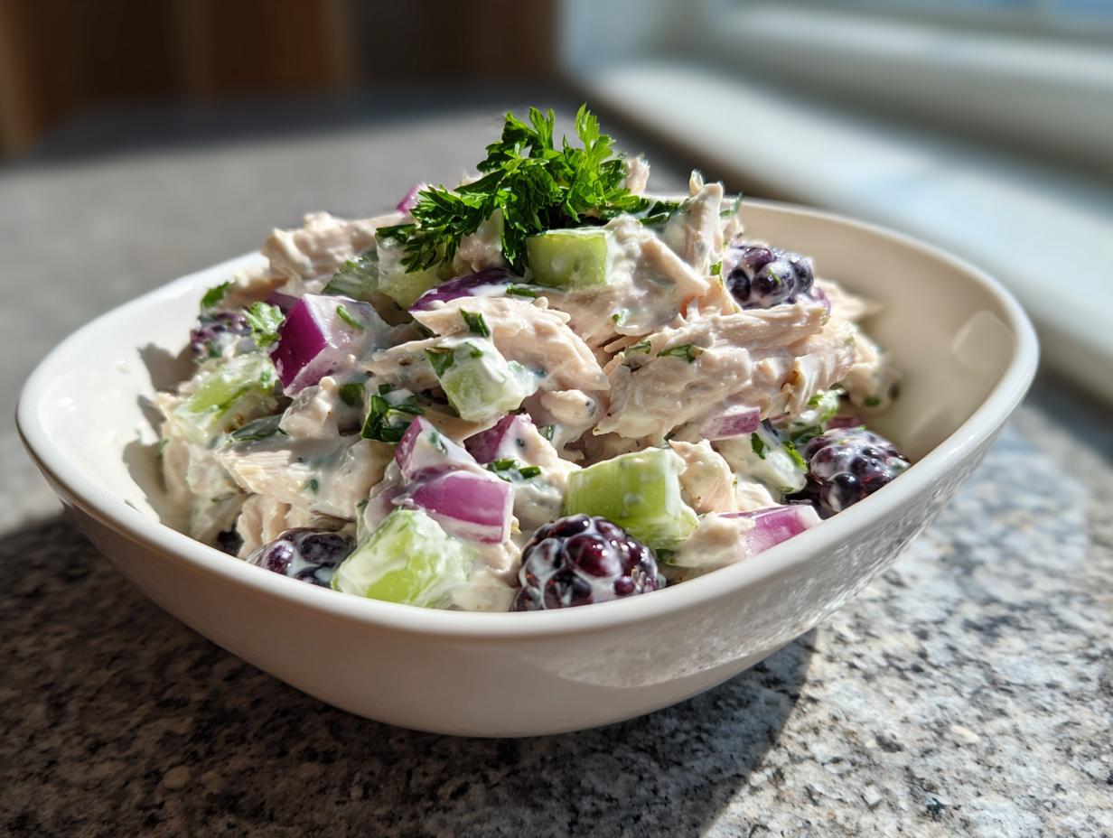 A white bowl filled with low carb blackberry cottage cheese chicken salad, featuring chicken, blackberries, celery, and red onion.