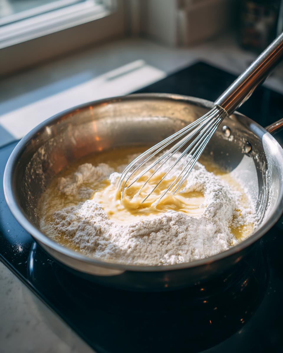 Whisking flour and melted butter in a pan to create a roux for the sauce for swedish meatballs with frozen meatballs.