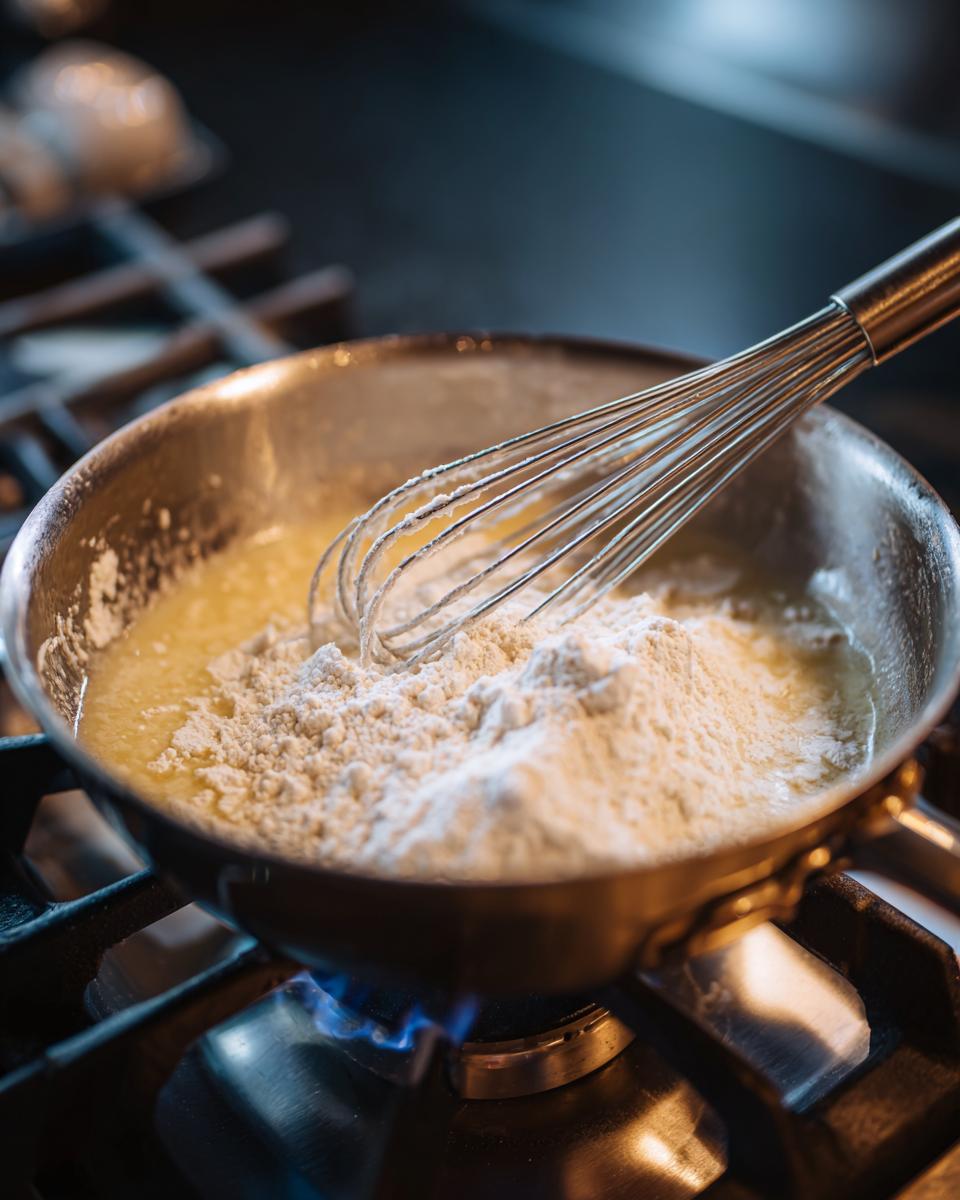 Whisking flour into melted butter to create a roux for amazing swedish meatballs sauce on a gas stove.