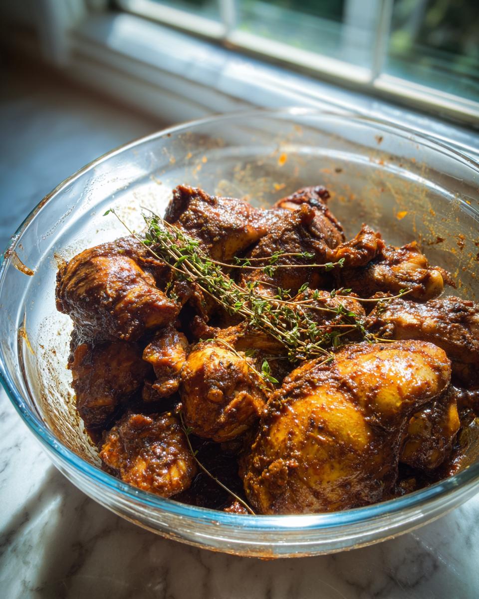 Marinated chicken pieces coated in dark spices and topped with fresh thyme, ready for the brown stew chicken Jamaican recipe.