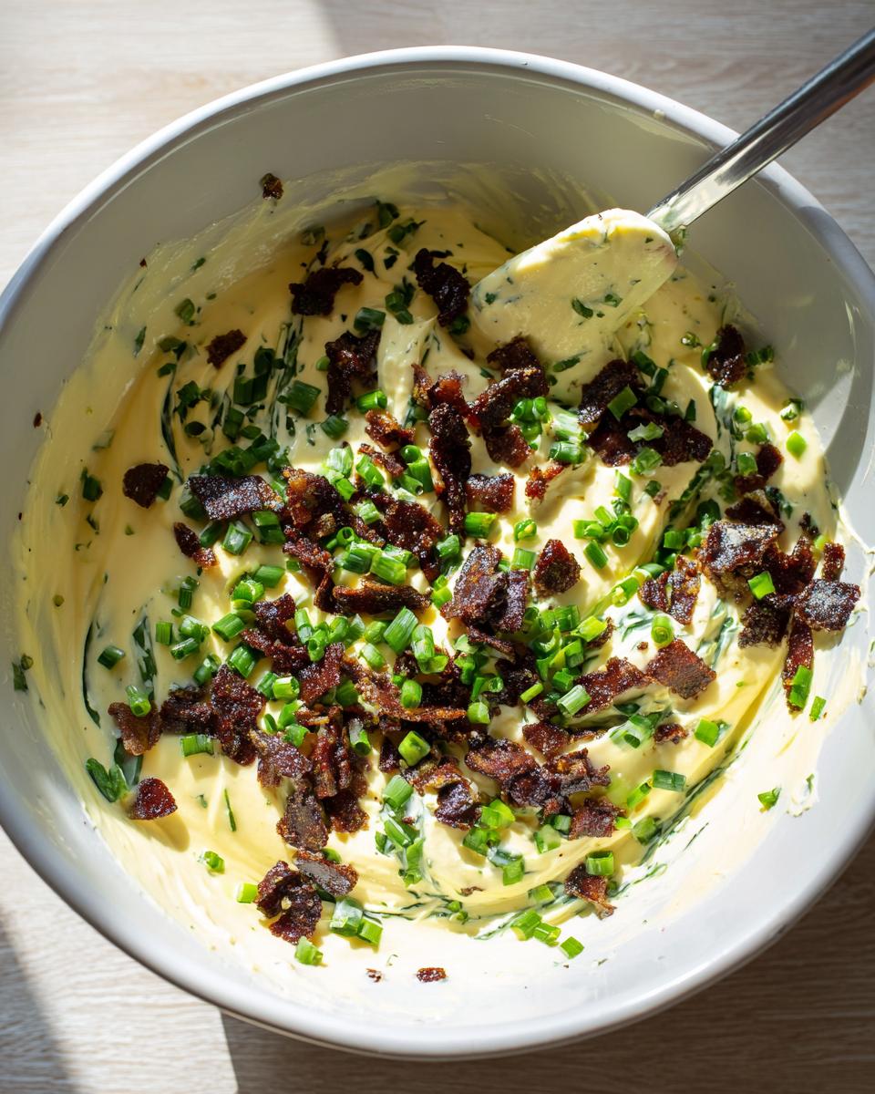 Overhead view of a bowl being mixed, showing a creamy yellow cream cheese dip topped with crumbled bacon and fresh green chives.