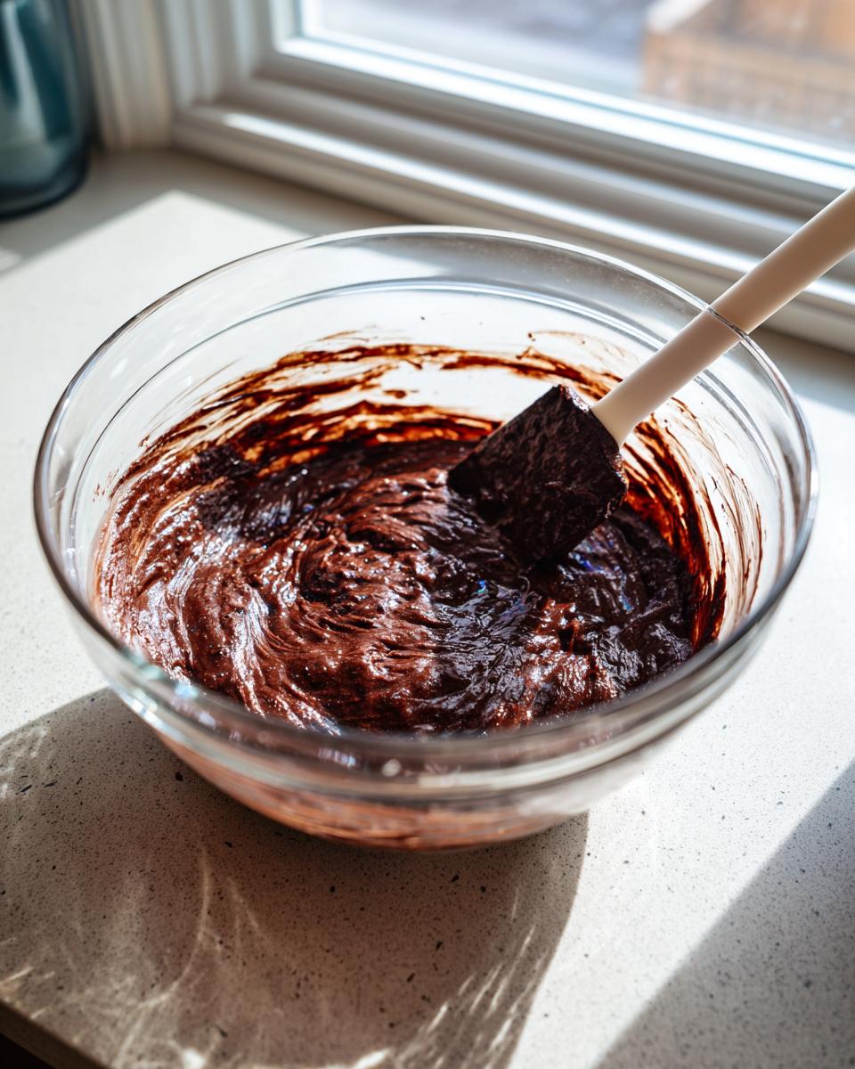 Thick, glossy chocolate batter being mixed in a glass bowl for gluten free cosmic brownies.