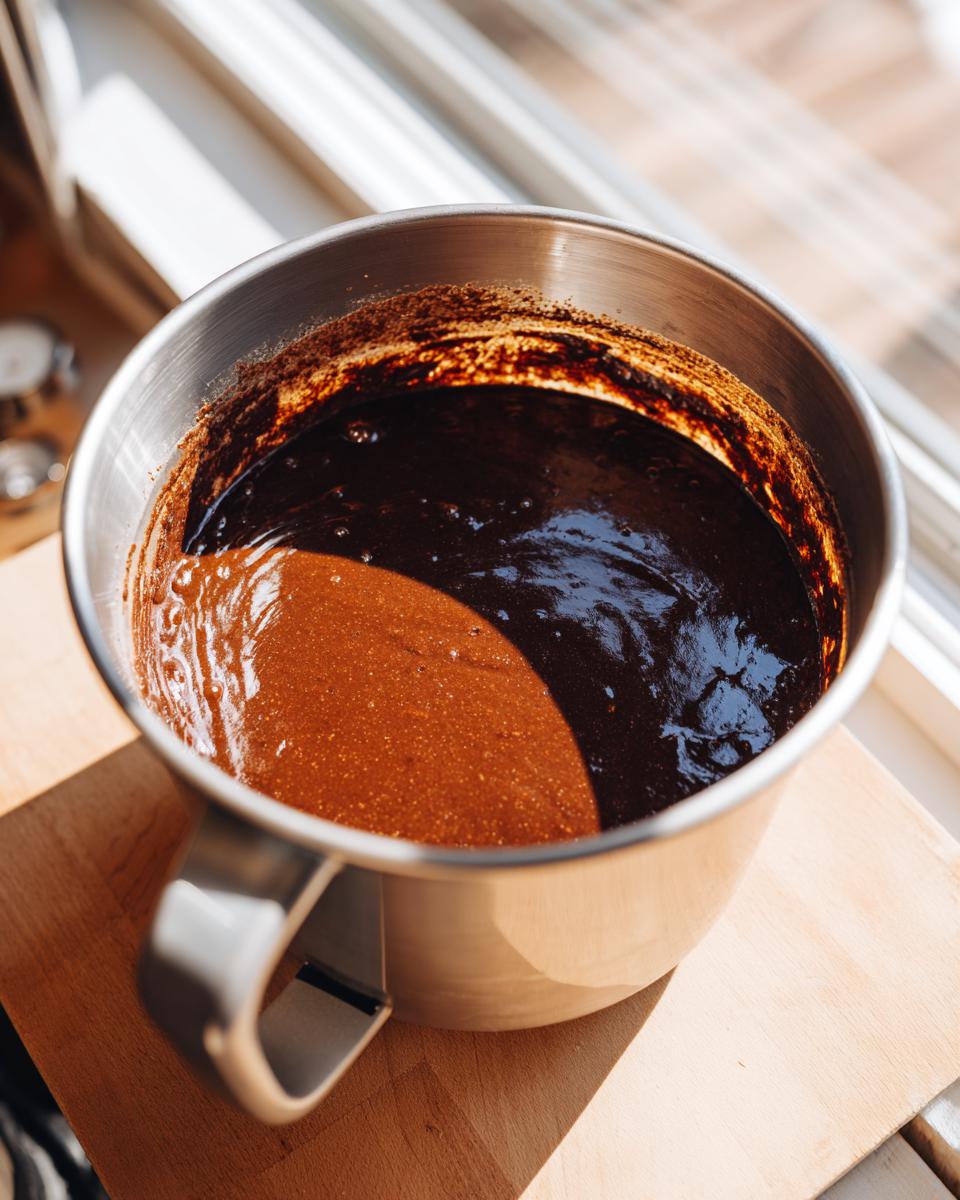 Close-up of rich, dark chocolate batter for healthy cosmic brownies in a stainless steel mixing bowl.