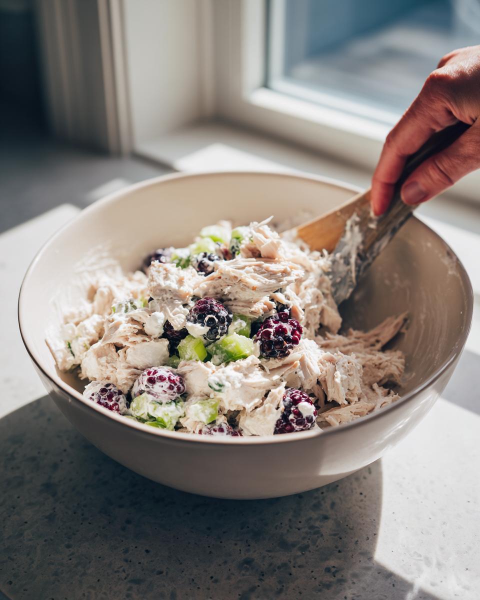A hand mixes shredded chicken, cottage cheese dressing, blackberries, and celery for blackberry cottage cheese chicken salad.