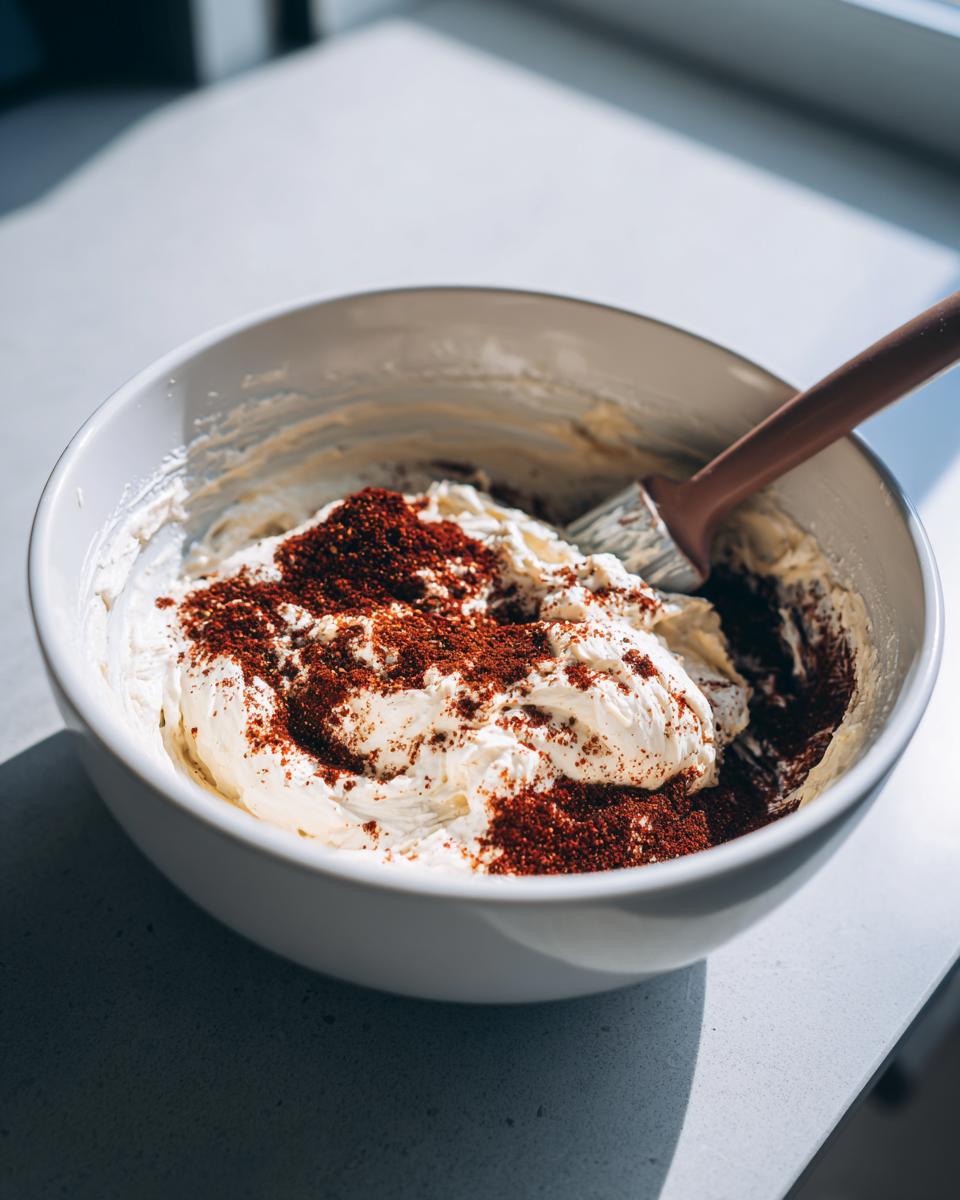 A white bowl containing cream cheese topped with a mound of reddish-brown chili powder for making chili cream cheese dip.
