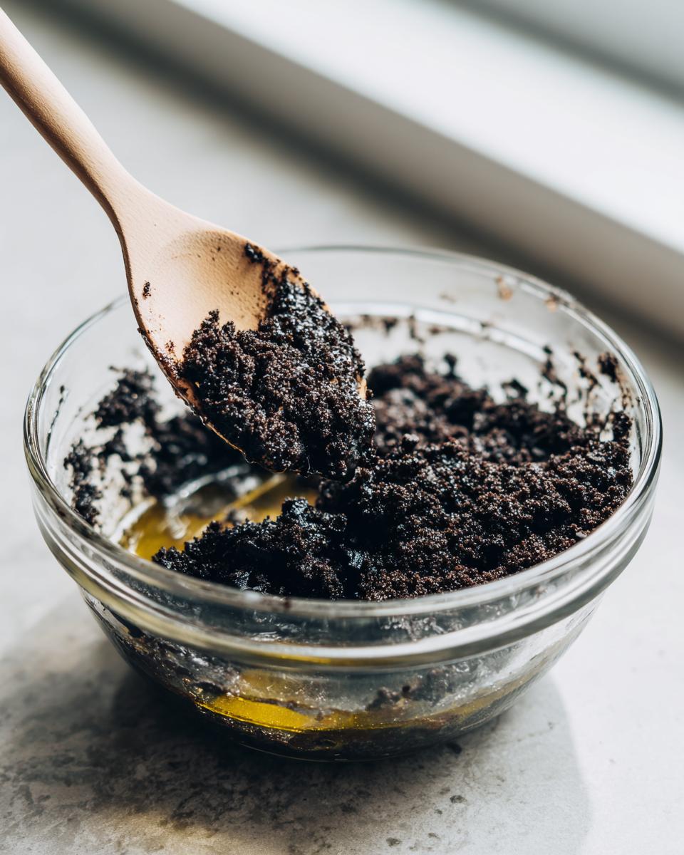 Mixing dark, crumbly ingredients with melted butter for a chocolate cheesecake crust in a glass bowl.