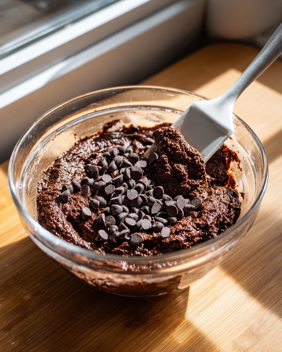 Close-up of thick chocolate batter being mixed with a spatula, topped with chocolate chips for protein cosmic brownies.