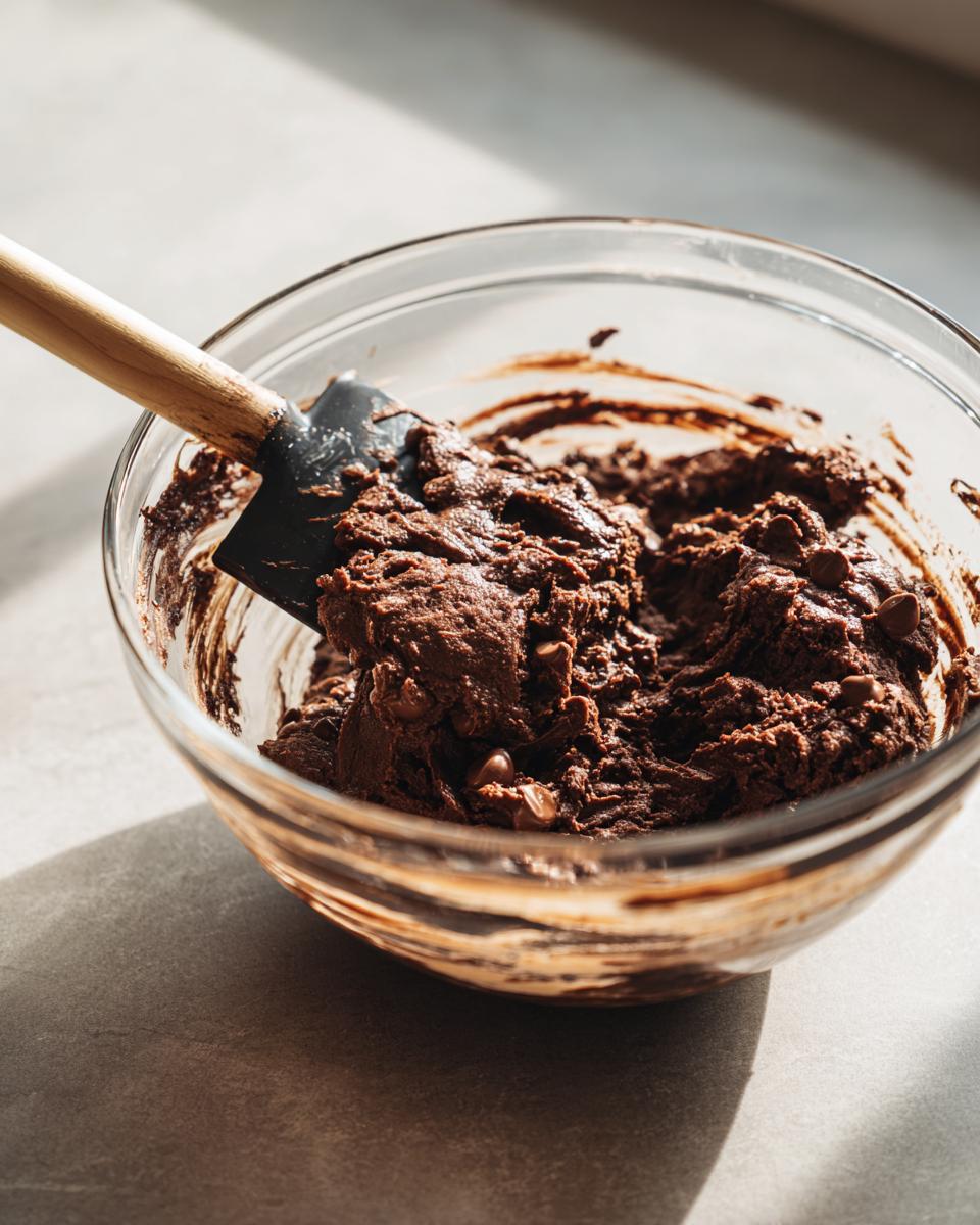 Thick, rich chocolate dough being mixed in a glass bowl for cosmic brownie cookies recipe.