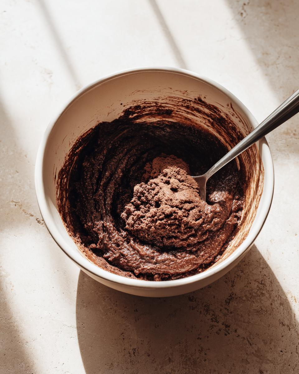 Mixing dark chocolate batter in a white bowl for cosmic brownie protein bites with a spoon.