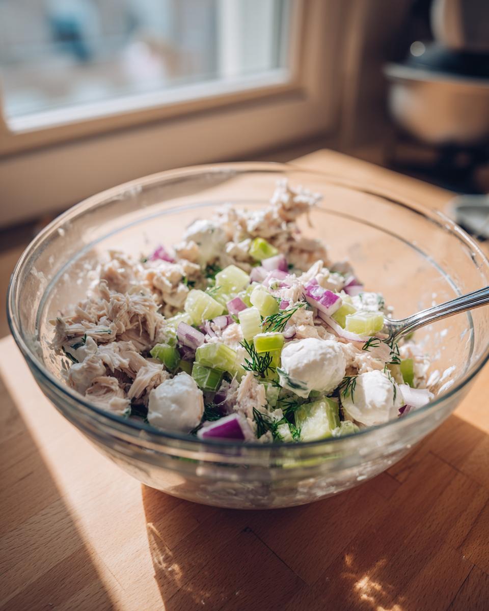 Close-up of cottage cheese chicken salad being mixed in a clear glass bowl with chunks of chicken, cucumber, and red onion.