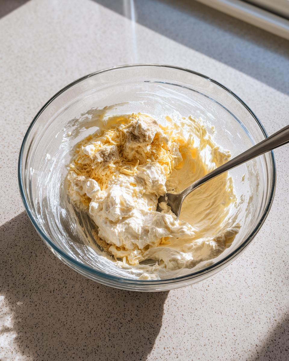 A glass bowl containing softened cream cheese, shredded cheese, and spices being mixed for one of the cream cheese dips for crackers.