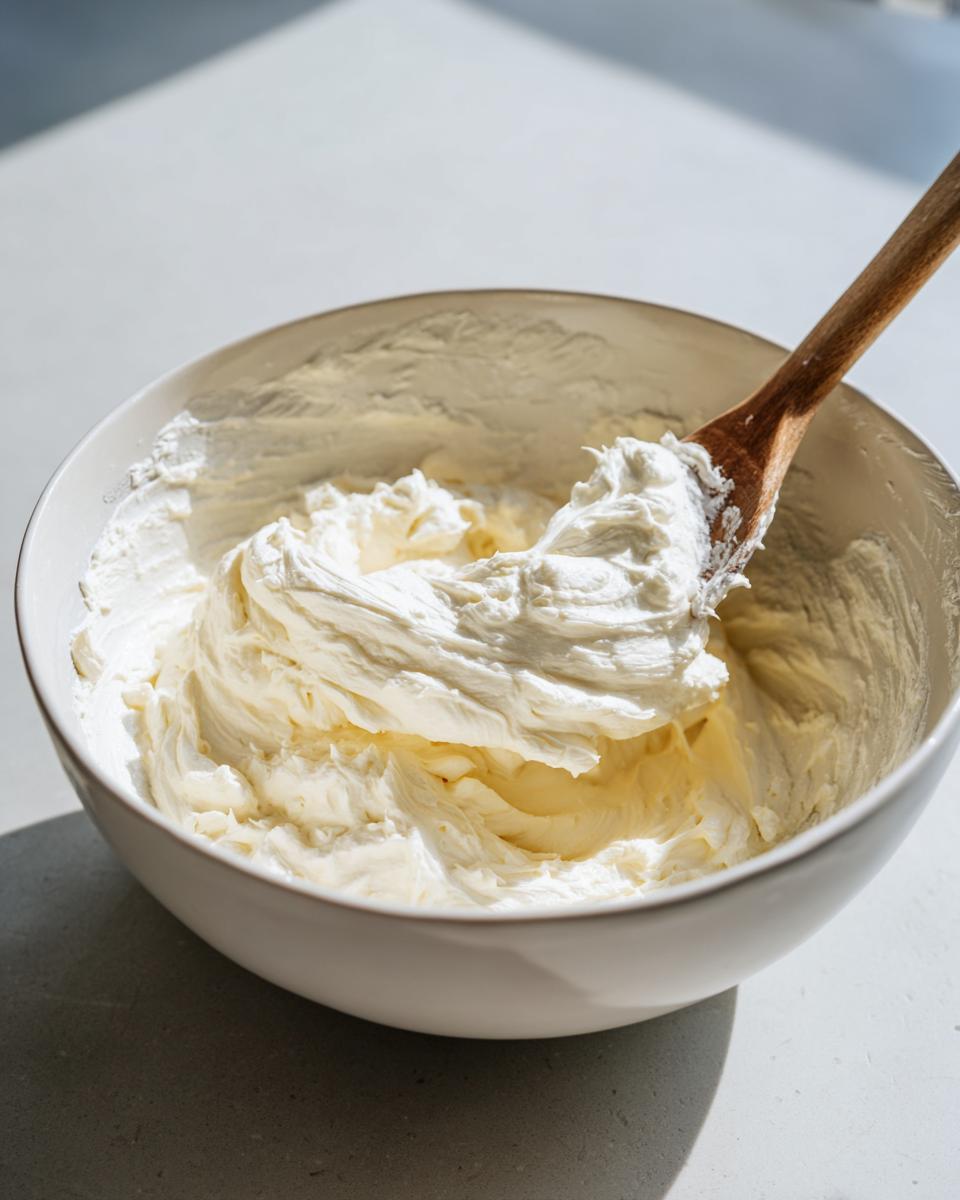 Close-up of cream cheese being mixed with a wooden spoon in a white bowl for jalapeno cream cheese dip.
