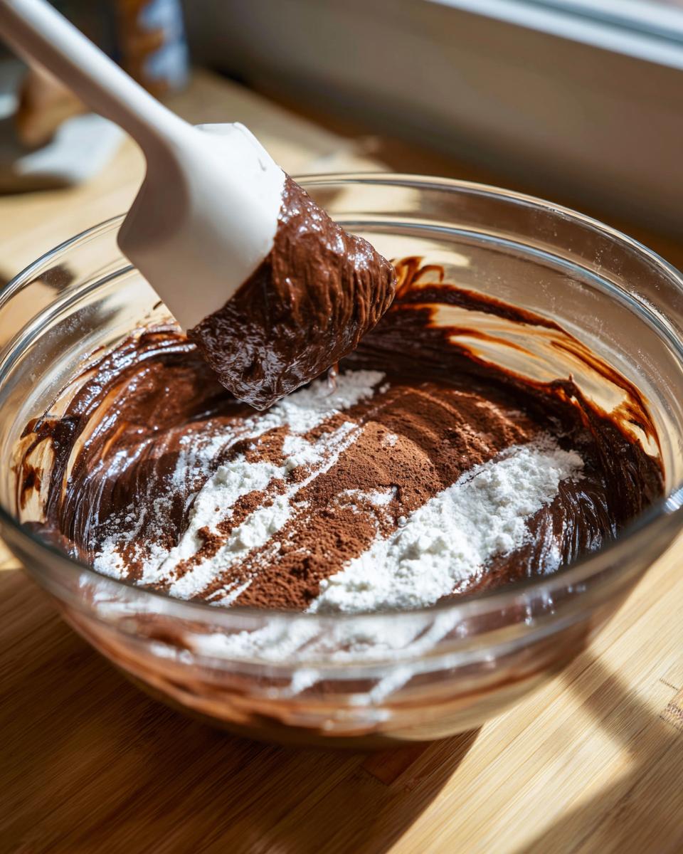 Adding protein powder and cocoa powder to chocolate batter while making protein cosmic brownies.