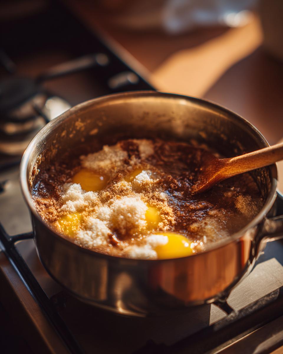 Close-up of eggs and sugar being mixed into a dark batter in a saucepan for german chocolate cheesecake.
